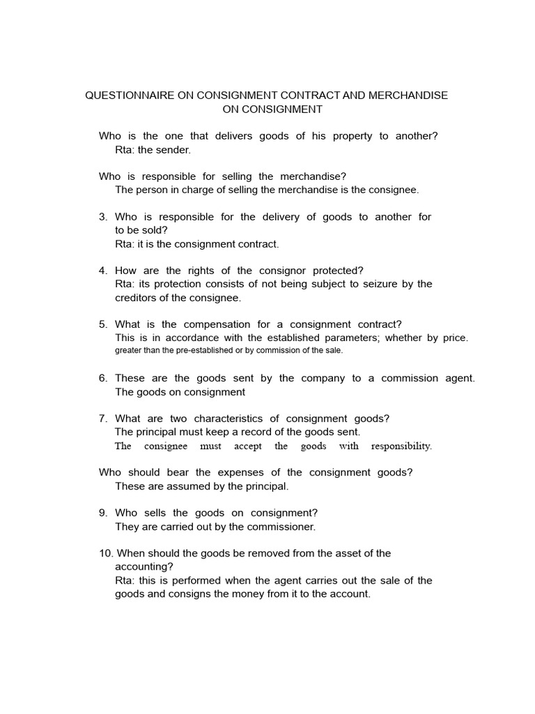 Questionnaire On Consignment Contract and Consigned Goods | PDF