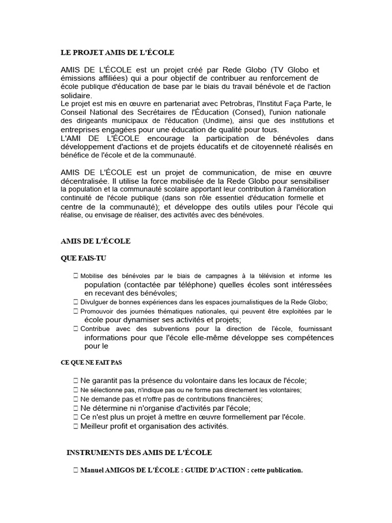 Projet Amis de l'École : Bénévolat Éducatif | PDF | Bénévolat | Pédagogie