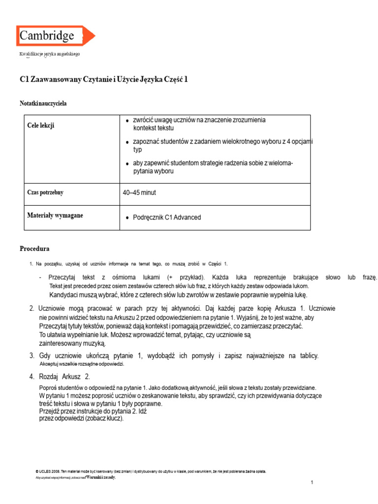 Cambridge English C1 Advanced Czytanie Część 1 | PDF