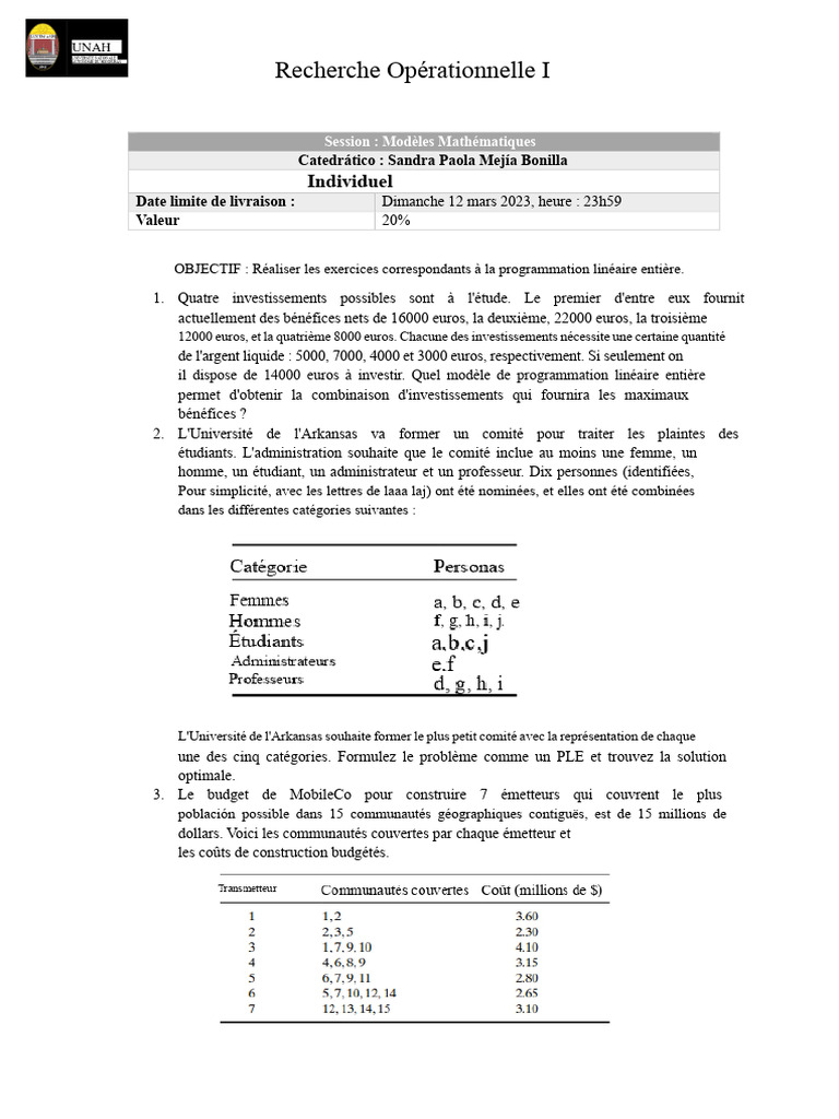 Modèles de Programmation Linéaire Entière | PDF