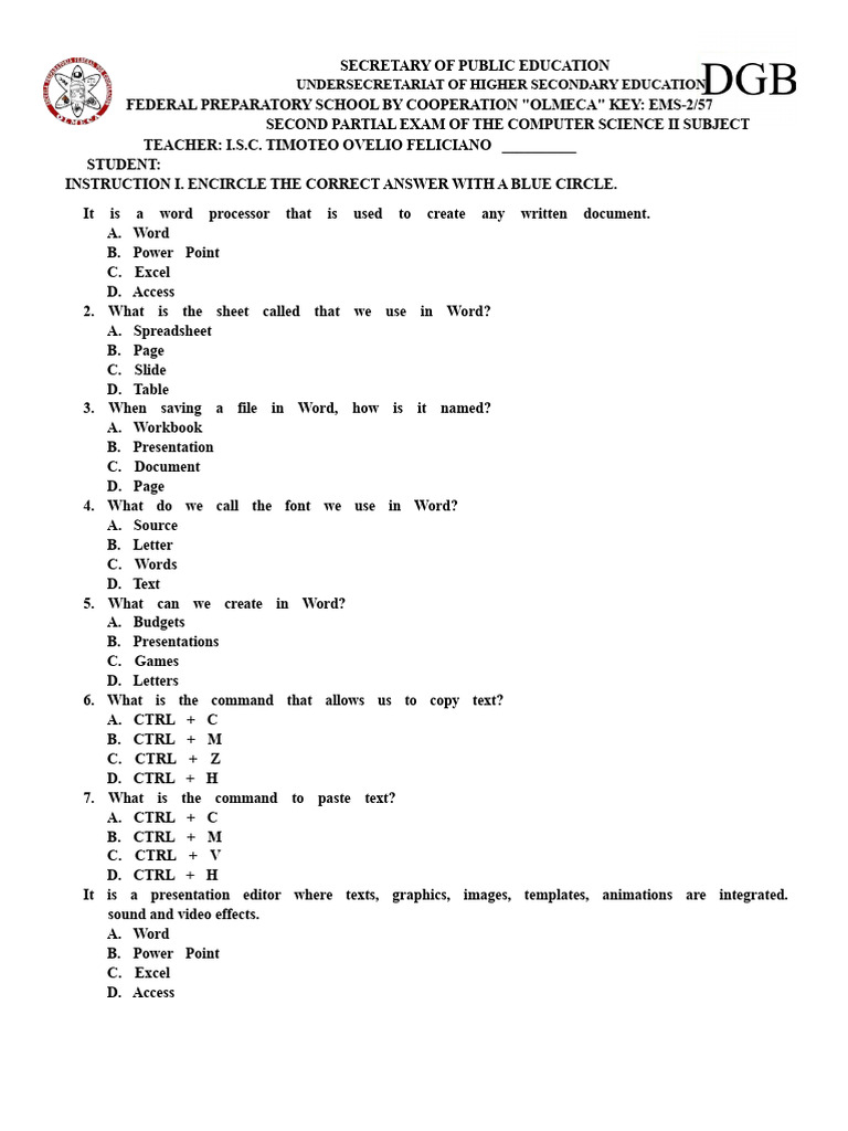 Second Partial Exam Computer Science | PDF | Spreadsheet | Microsoft Excel