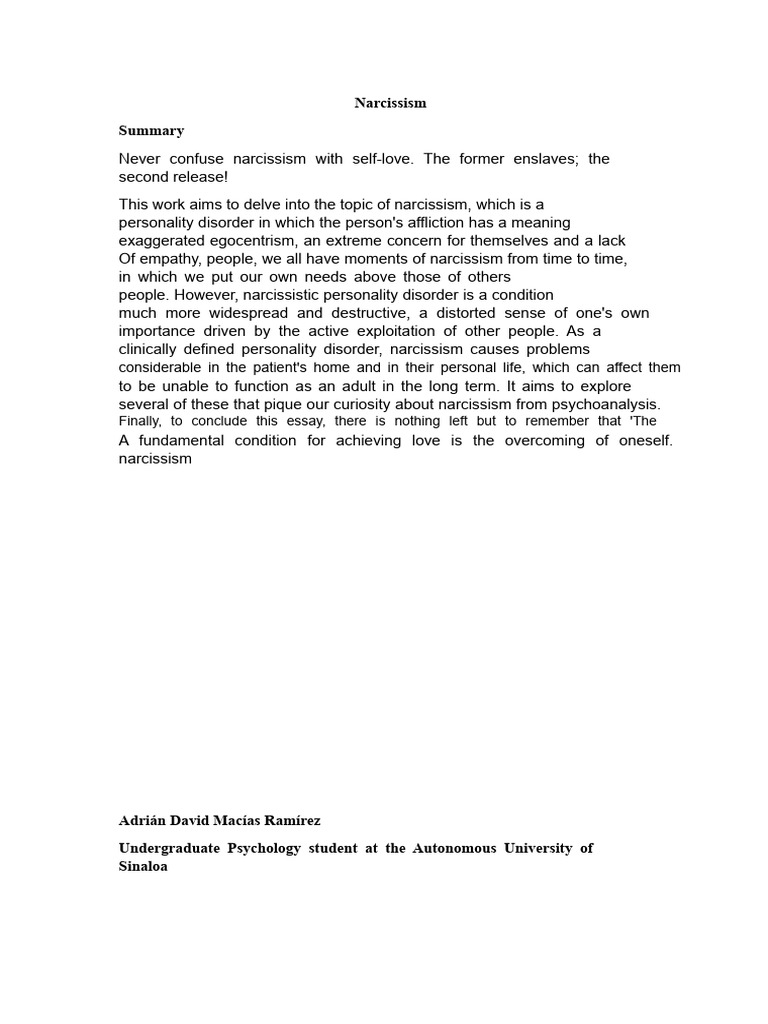 Essay On Narcissism | PDF | Narcissism | Self Esteem