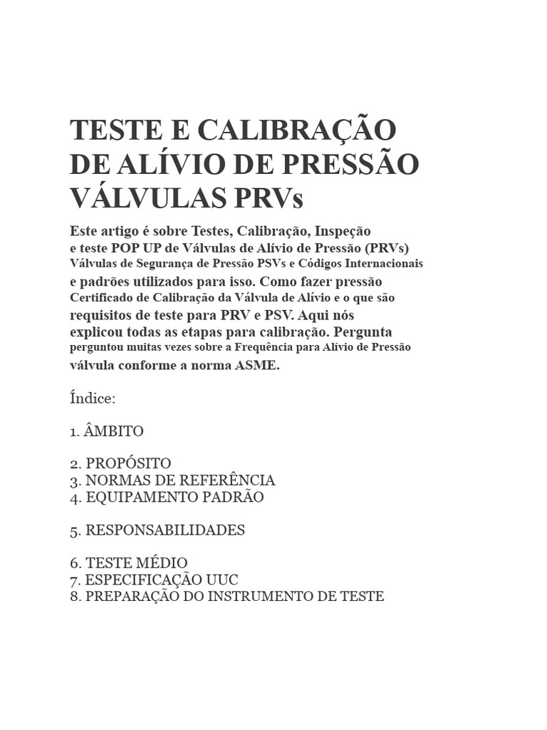 Teste e Calibração de Válvulas PRVs | PDF | Válvula | Calibração