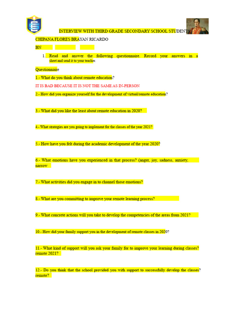 Interview With The Third Grade High School Students | PDF | Infection ...