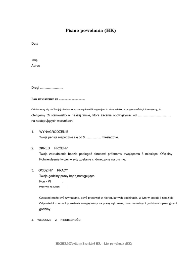 Format Listu o Powołaniu Do Pracy | PDF
