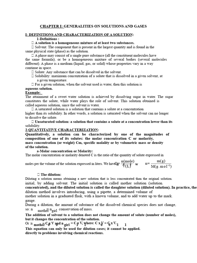 Course On Generalities About Solutions | PDF | Gases | Concentration