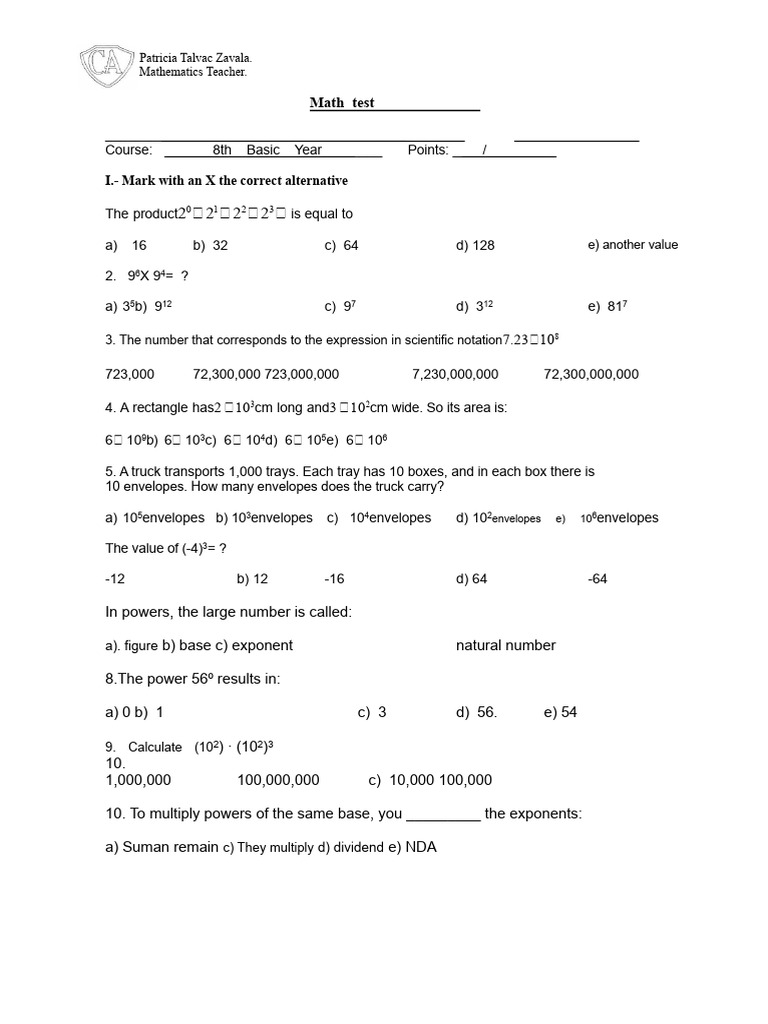 Test of Powers and Roots 8th Grade 2018 | PDF | Numbers | Square Root