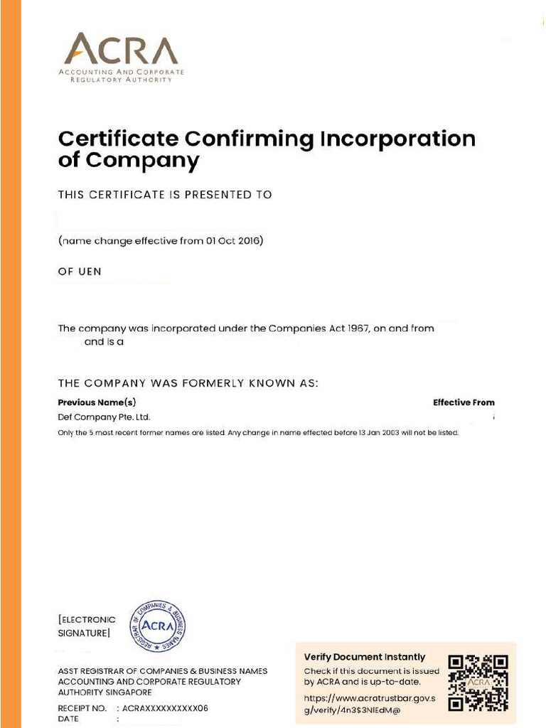 Singapore ACRA Certificate Confirming COI Sample 001 | PDF