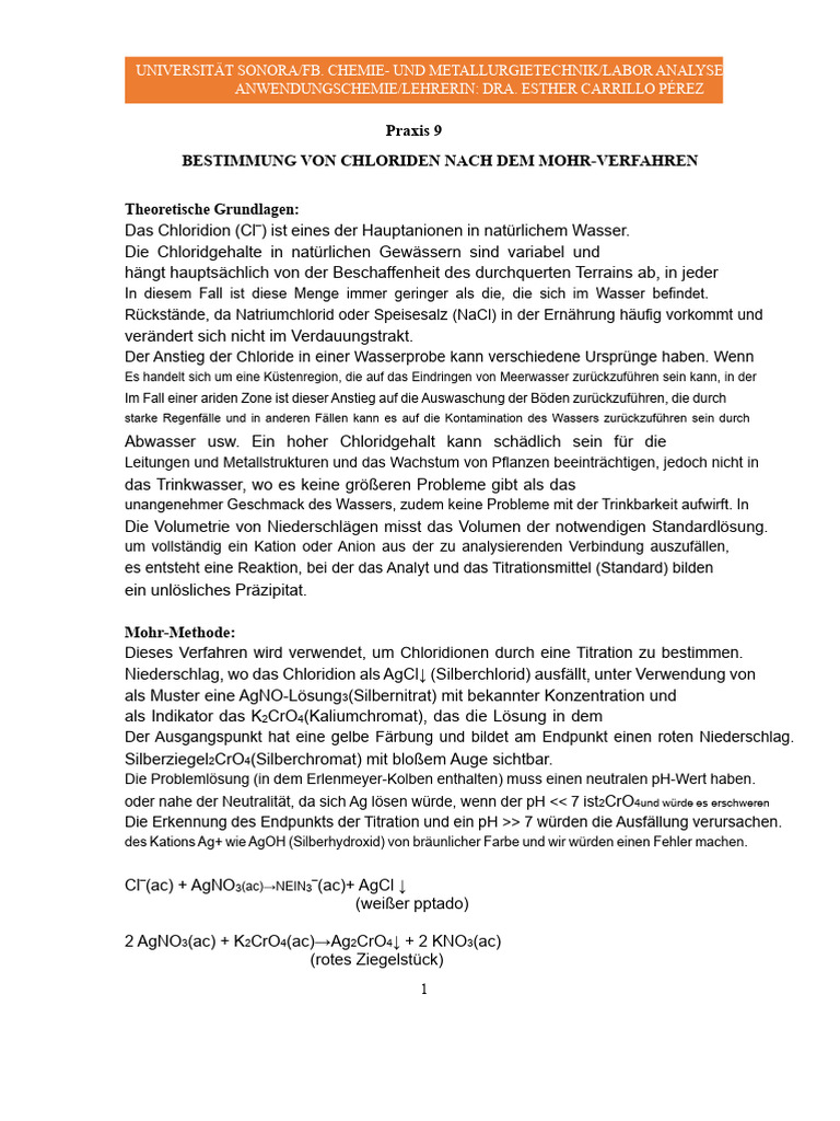 Übung 9. Bestimmung Von Chloriden Nach Der Mohr-Methode | PDF