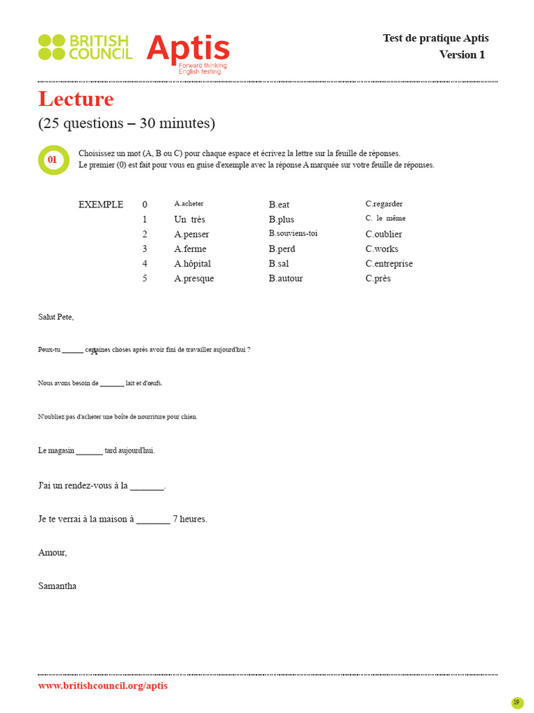 Test de pratique Aptis : Lecture et Écriture | PDF