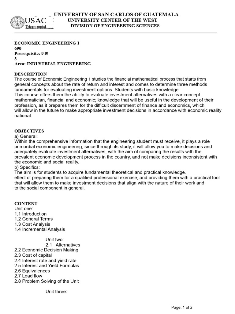 Economic Engineering 1 | PDF | Engineering | Mathematics