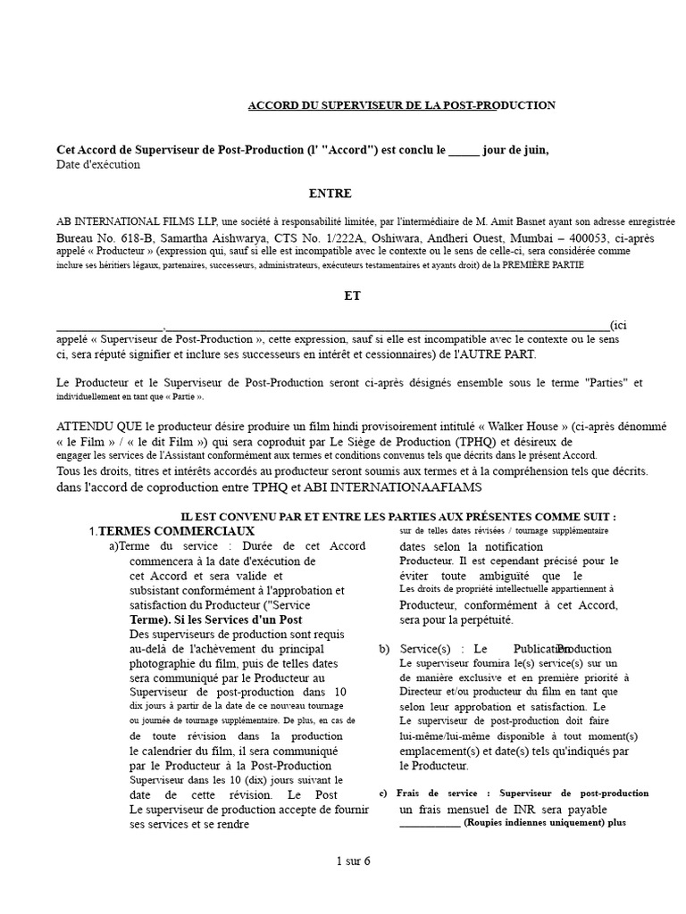 Accord de Superviseur de Post-Production | PDF | Propriété ...