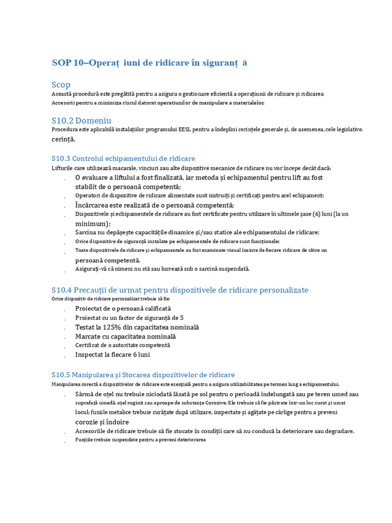 SOP 10 - Operațiuni de Ridicare În Condiții de Siguranță PDF | PDF