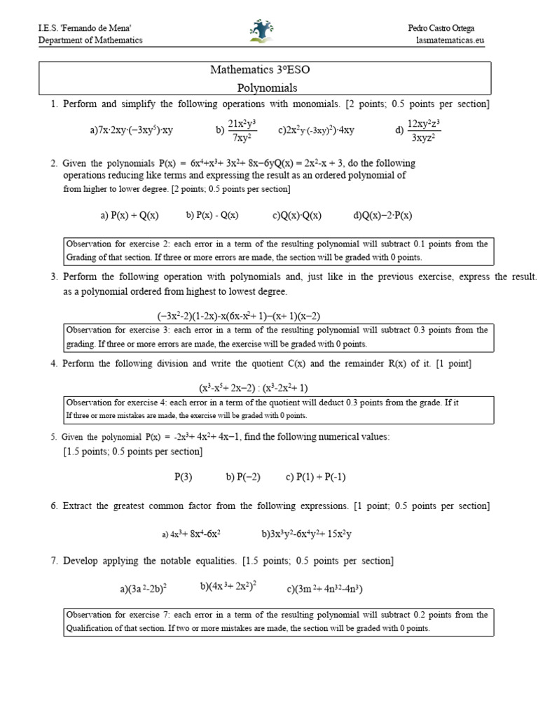 Exam Polynomials3eso3 PDF | PDF | Polynomial | Discrete Mathematics