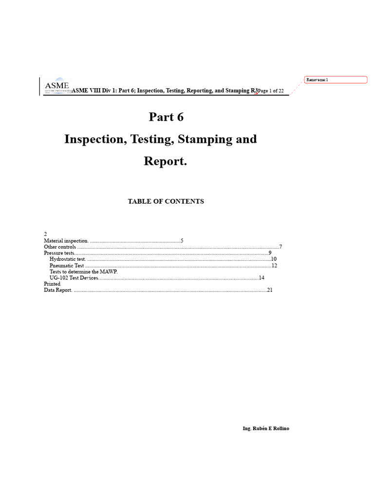 ASME VIII Part 6 Inspection, Testing, Reporting and Stamping | PDF ...