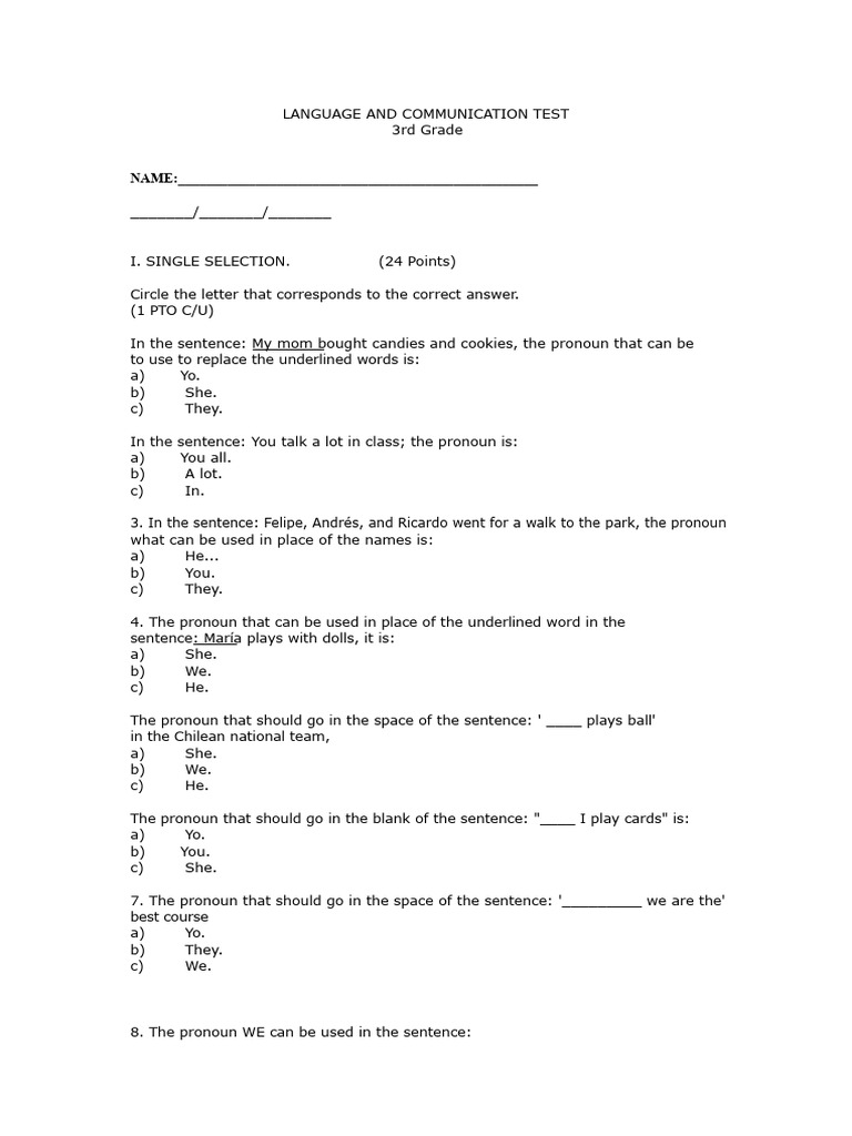 3rd Grade Language & Communication Test | PDF | Linguistics