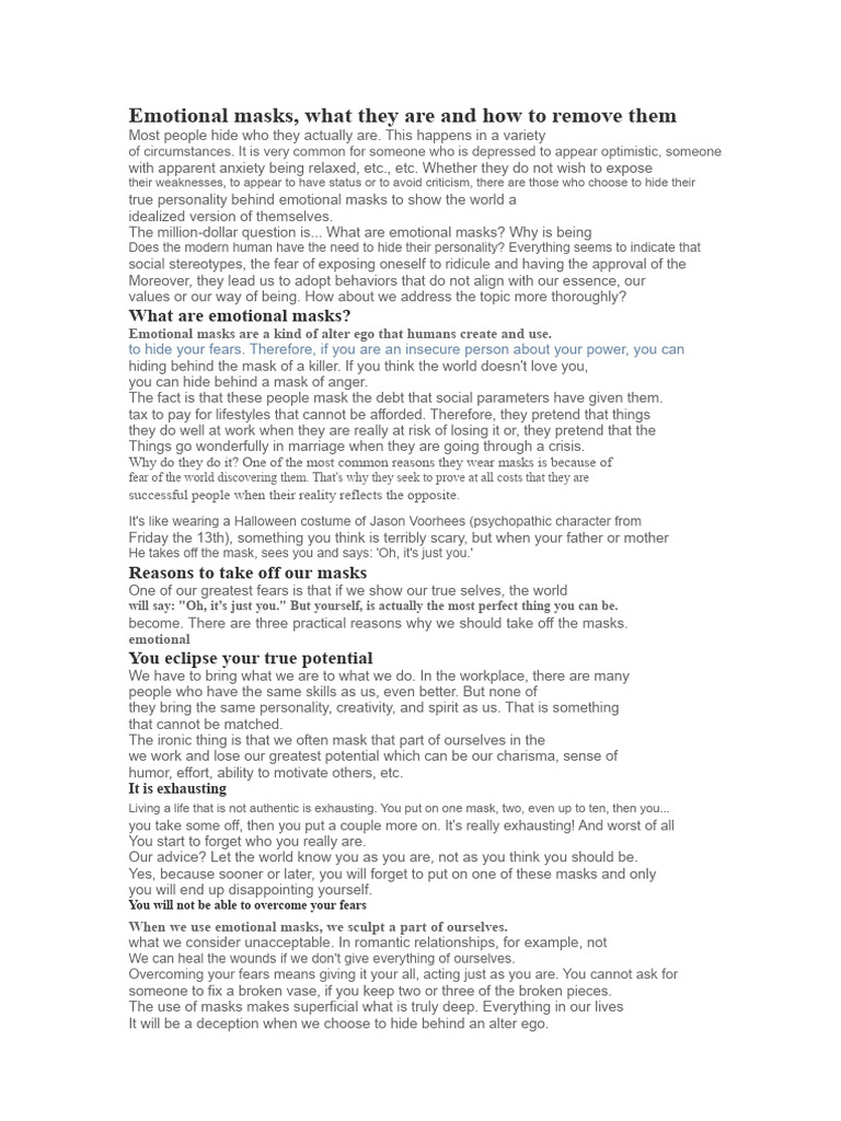 Understanding and Removing Emotional Masks | PDF | Fear | Thought