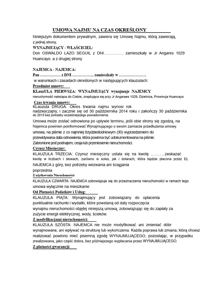 Umowa Najmu Na Czas Określony | PDF