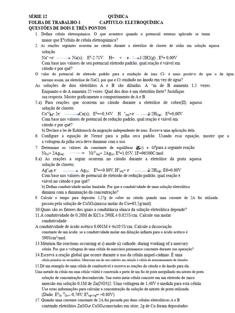 Questões de Eletroquímica para 12ª Série | PDF | Eletroquímica | Eletrodo