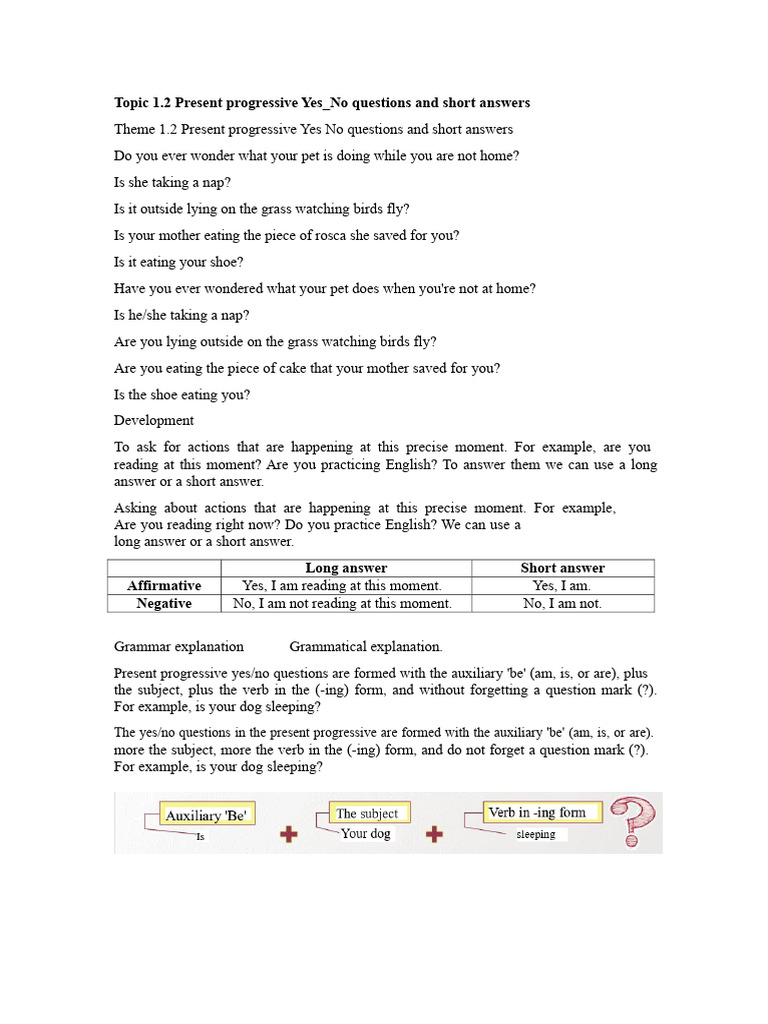 Present Progressive Yes/No Questions Guide | PDF | Verb | Question