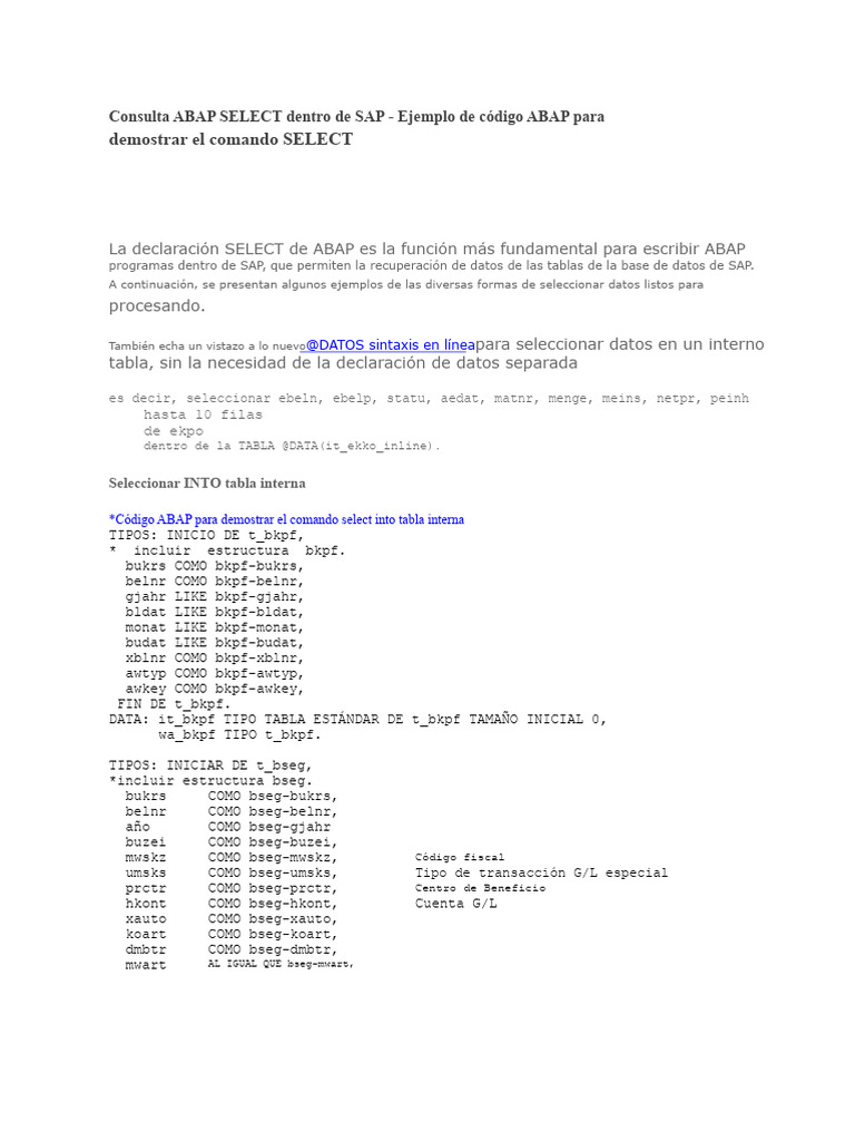 Ejemplos de SELECT en ABAP para SAP | PDF | Paradigmas de programación ...