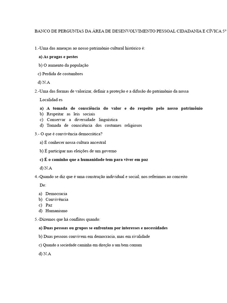 Perguntas sobre Desenvolvimento Pessoal e Cidadania | PDF | Democracia ...