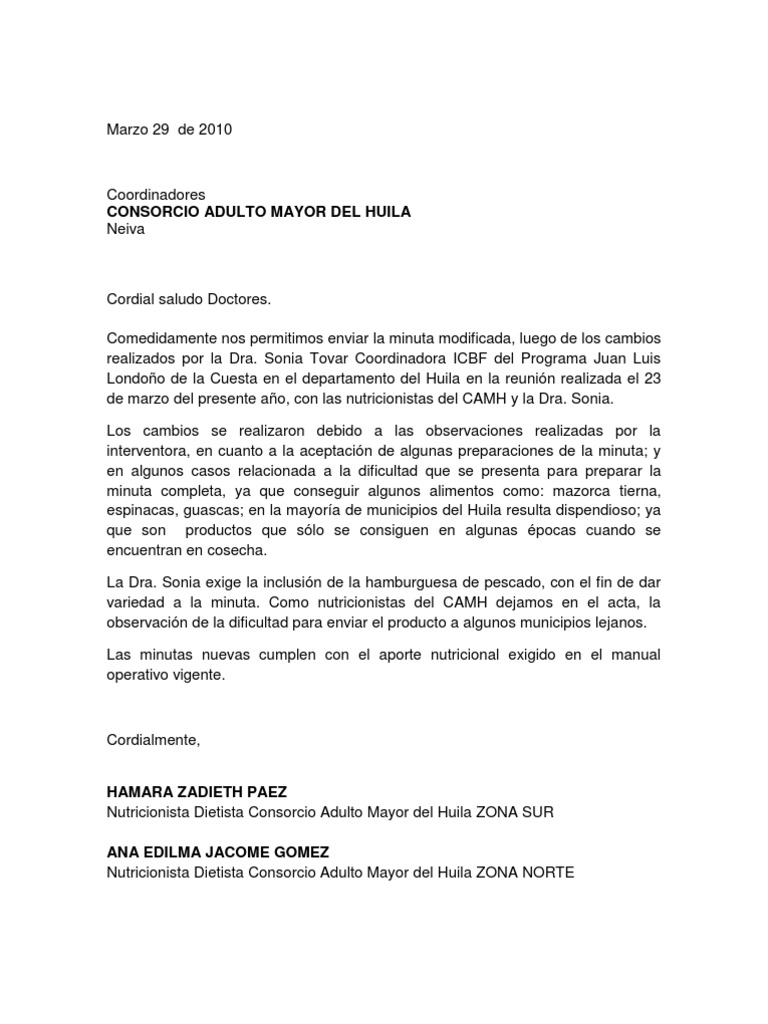 Carta Consorcio Modificacion Minuta 2010  ensalada  Sopa