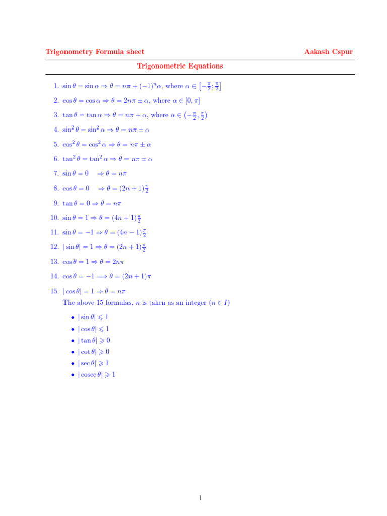 Trigonometry Formula Sheet | PDF | Trigonometric Functions ...