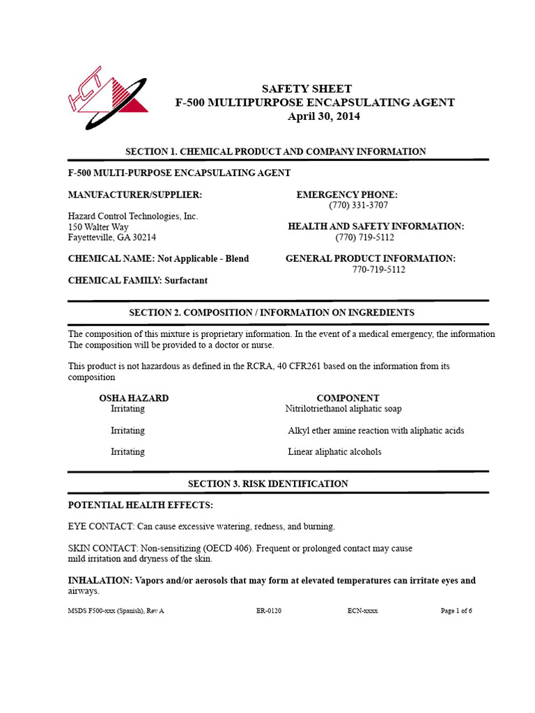 F-500 Encapsulating Agent Safety Sheet | PDF | Water | Firefighting