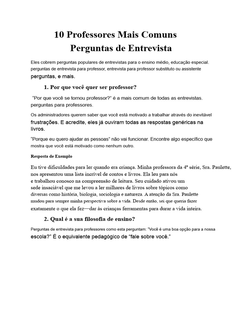 Perguntas para Entrevista de Professores | PDF | Aprendizado | Escolas