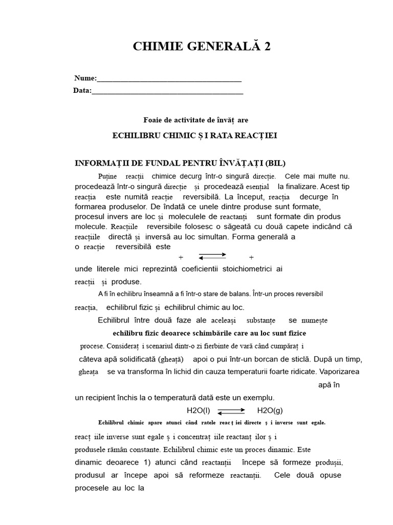 Q2 - L4 - Echilibru Chimic Și Starea Reacției | PDF