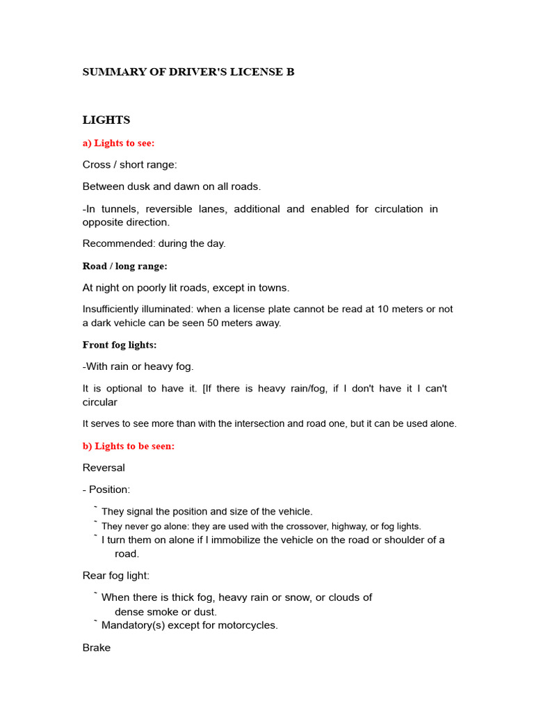 Summary of Driving License B | PDF | Traffic | Road