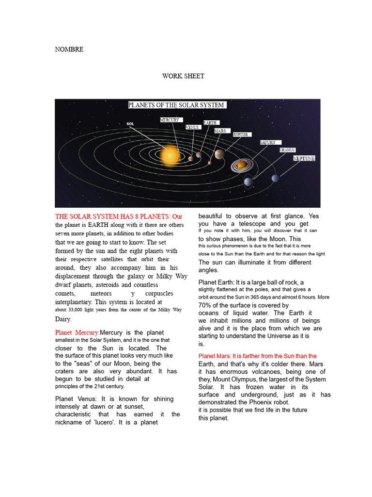 Solar System Worksheet | PDF | Planets | Solar System