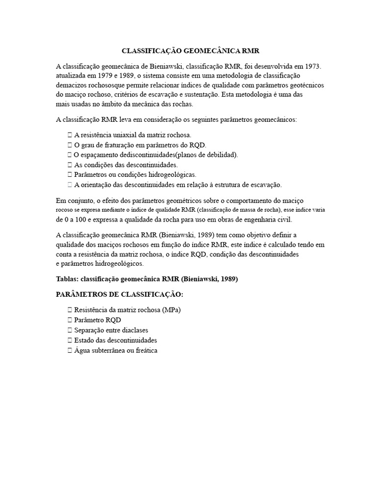 Classificação Geomecânica RMR: Método e Parâmetros | PDF