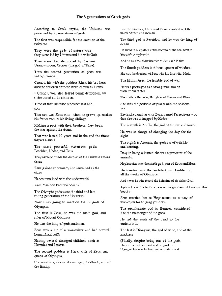 Generations of Greek Gods | PDF | Twelve Olympians | Zeus