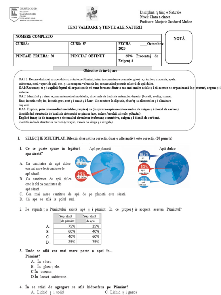 TEST Validare ȘTIINȚE NATURALE 5° | PDF