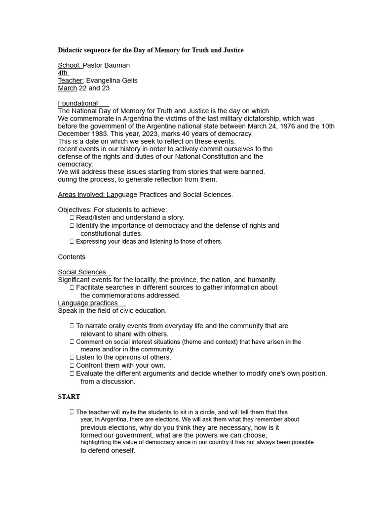 Didactic Plan for Memory Day Activities | PDF