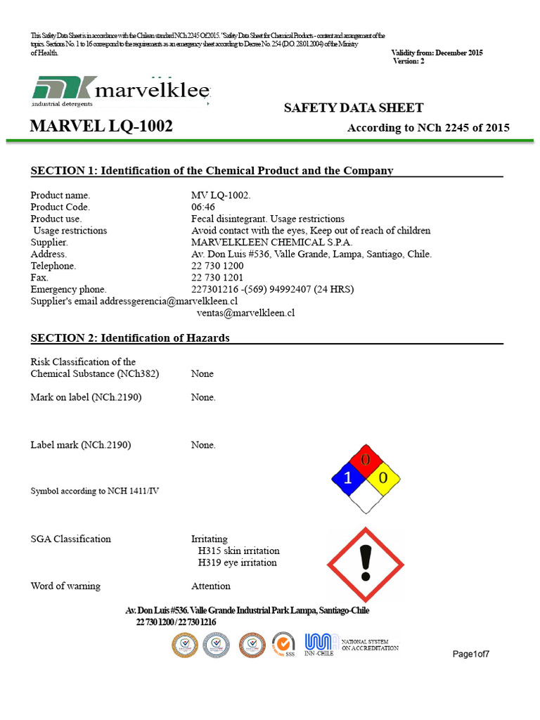 Hds. LQ-1002 PDF | PDF | Dangerous Goods | Formaldehyde
