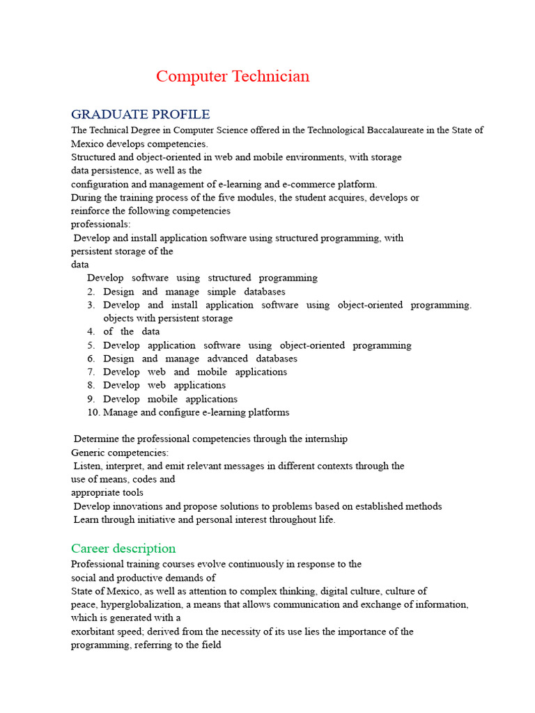 Computer Technician Graduate Profile | PDF | Computer Programming ...