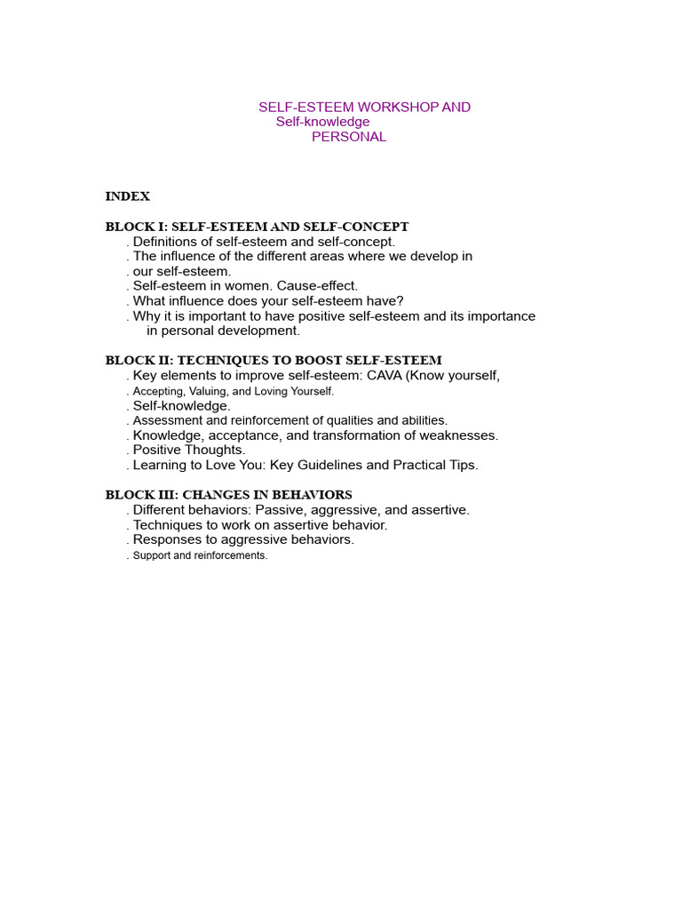 Boosting Self-Esteem Workshop Guide | PDF | Self Esteem | Self Concept