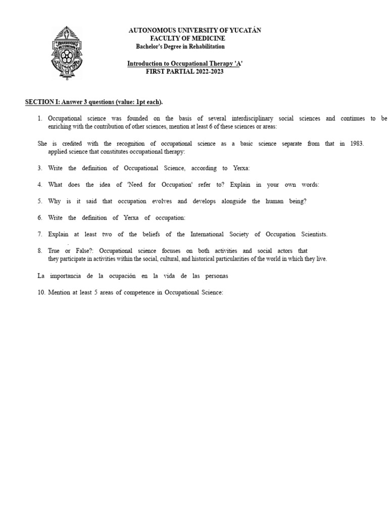 Occupational Therapy Exam Questions 2022 | PDF | Occupational Therapy ...