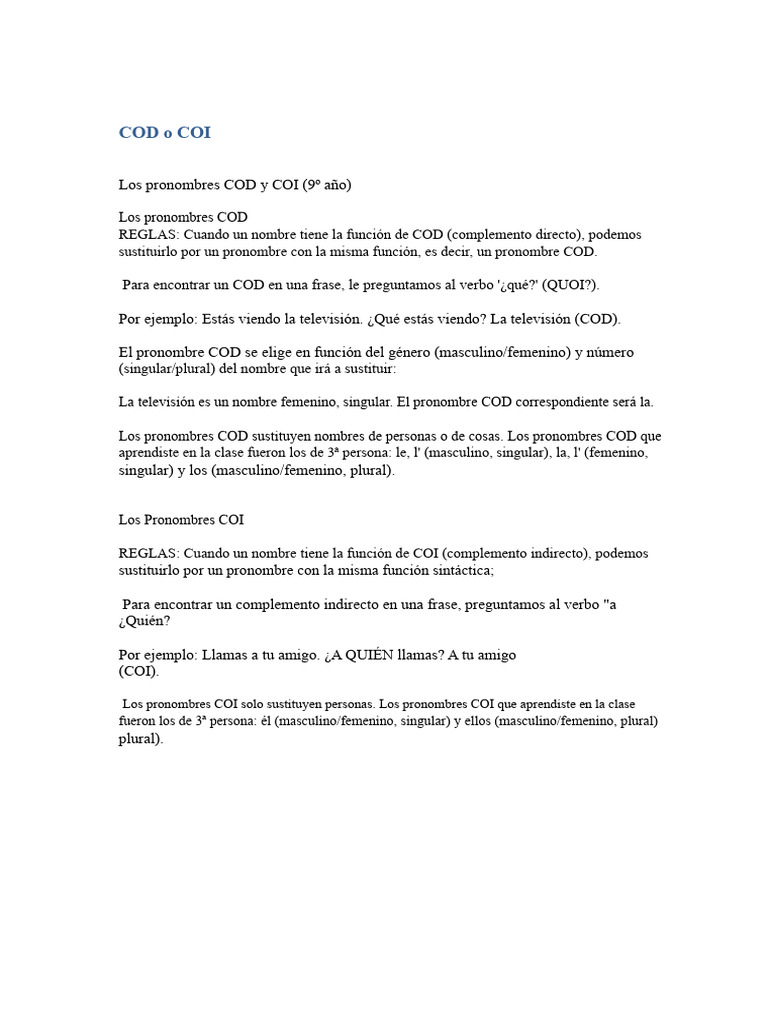 Ejercicios de COD y COI en francés | PDF | Pronombre | Objeto (gramática)