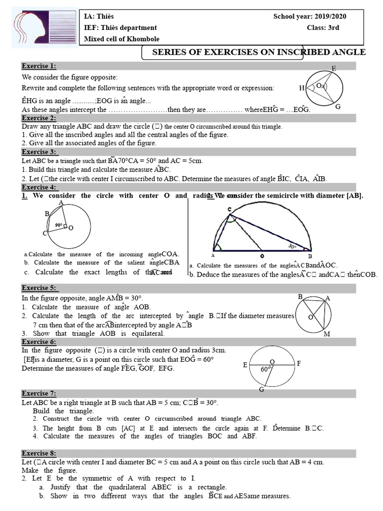 Exercises on Inscribed Angles in Geometry | PDF | Circle | Triangle