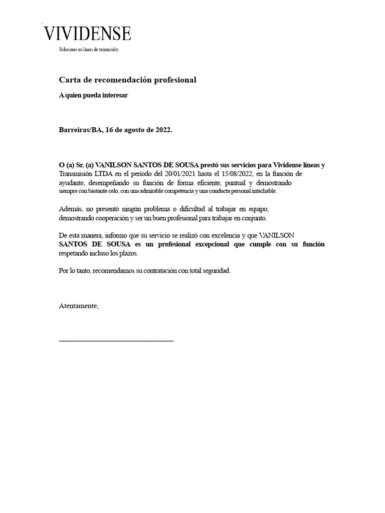 Carta de Recomendación para Vanilson Sousa | PDF