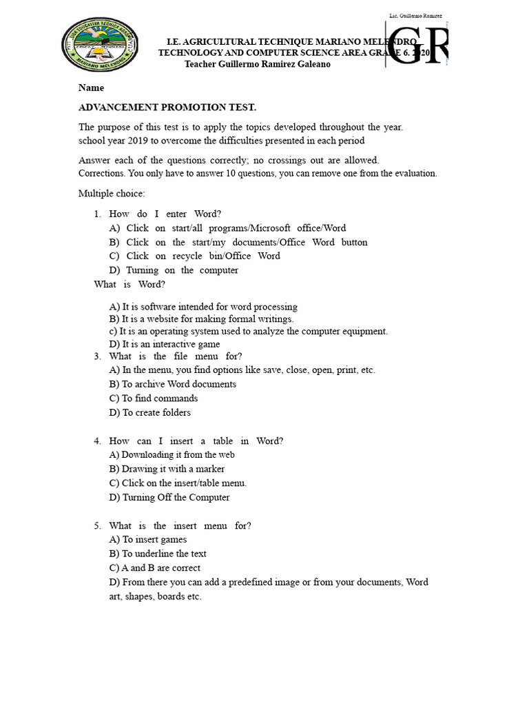 ADVANCED PROMOTION TEST Grade 6 | PDF | Microsoft Word | Multiple Choice