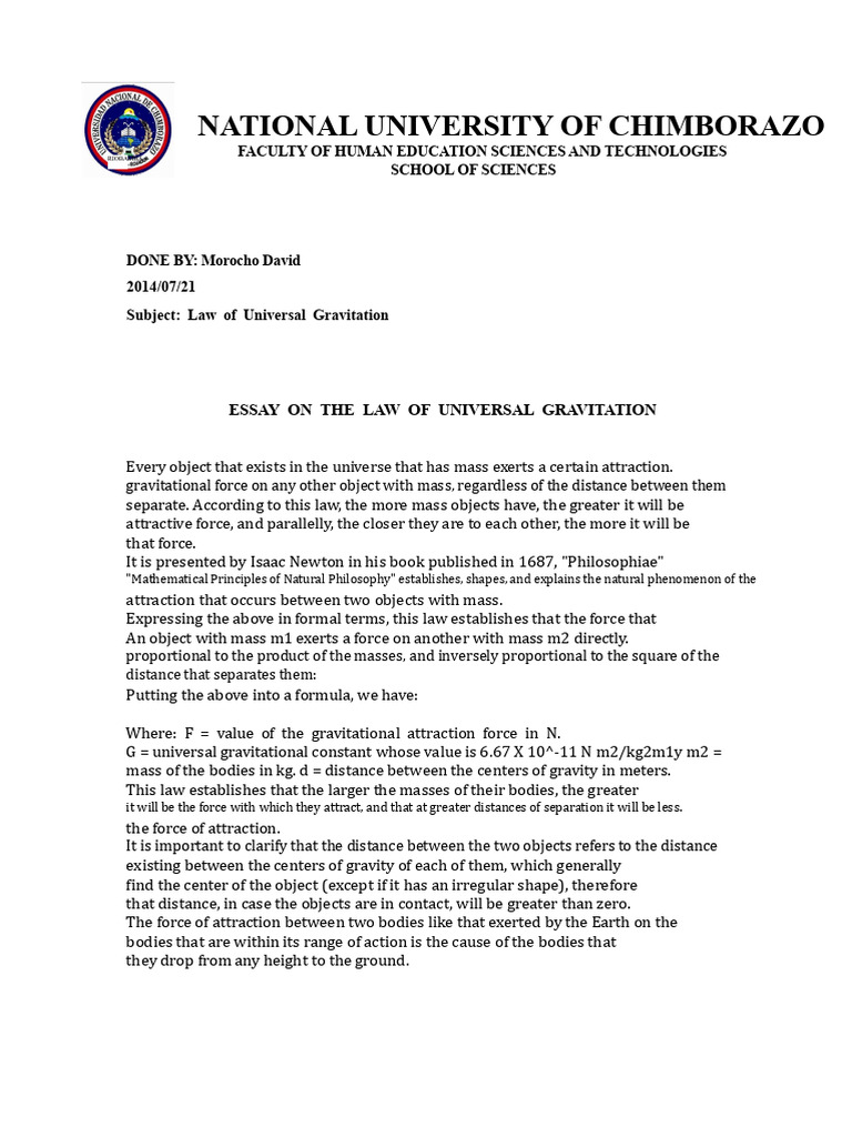 Essay On The Law of Universal Gravitation | PDF | Force | Newton's Law ...