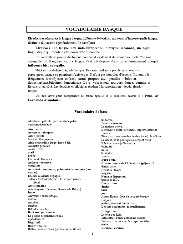 Vocabulaire Essentiel en Basque | PDF | Nombre grammatical | Pays basque