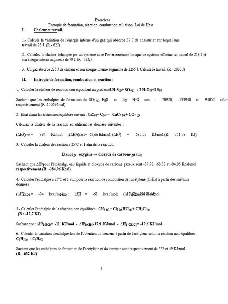 Calculs d'enthalpie et chaleur de réaction | PDF | Enthalpie | Acide ...