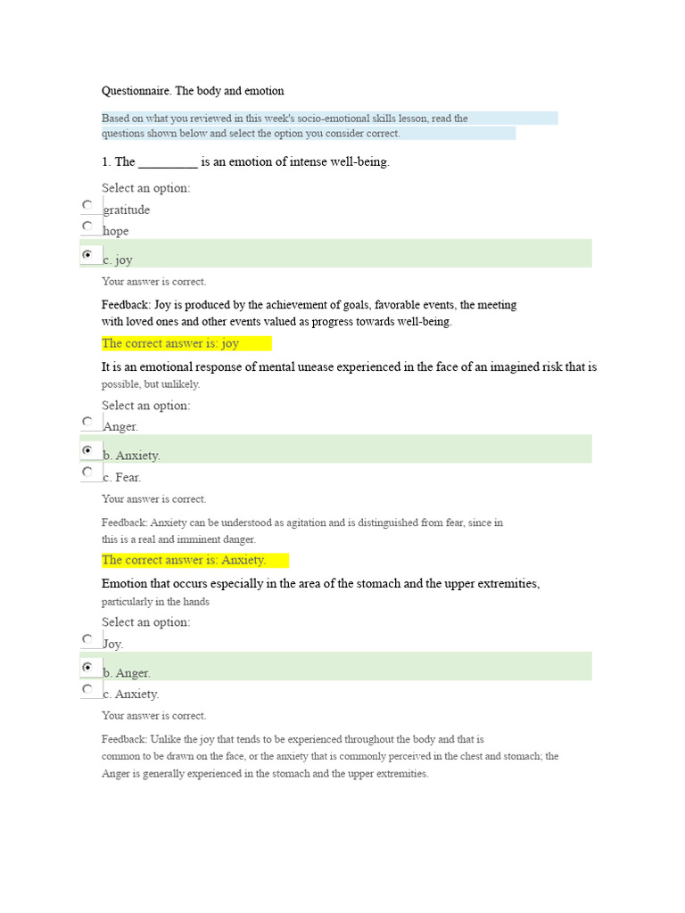 Questionnaire - The Body and The Emotion | PDF