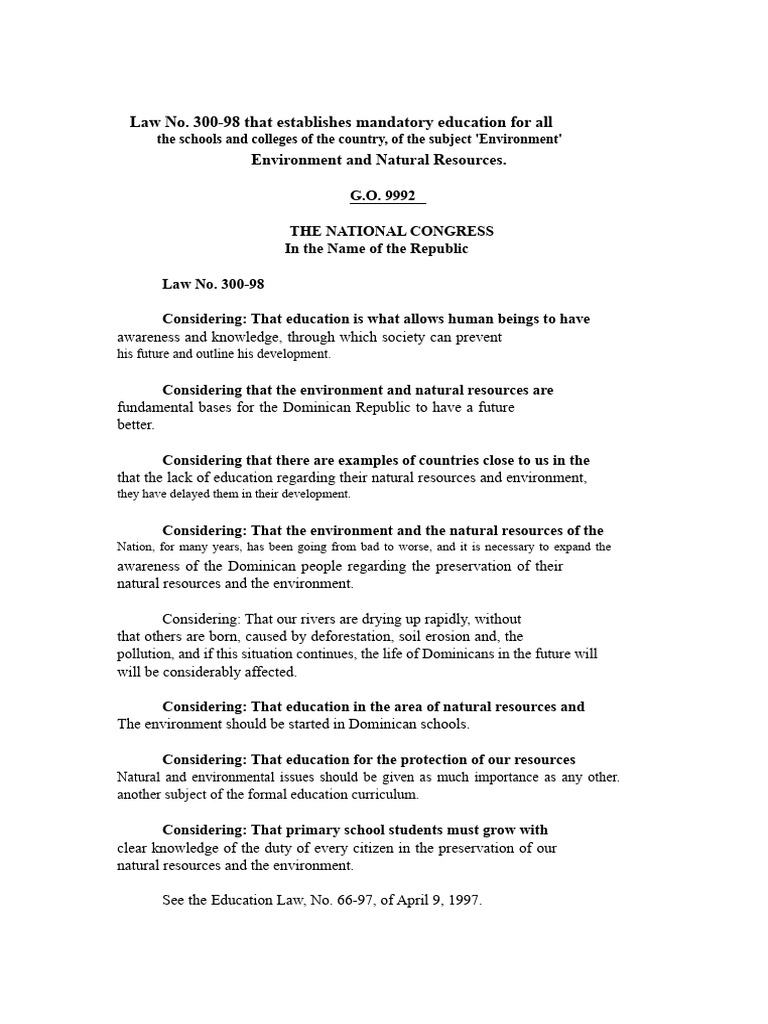 Law No. 300-98 On The Teaching of The Subject 
